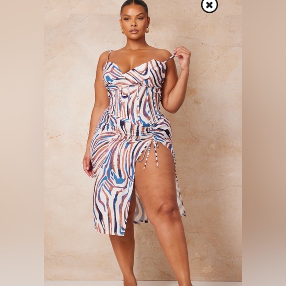 Plus Blue Zebra Print Cowl Ruched Side Midi Dress - Picture 2 of 5